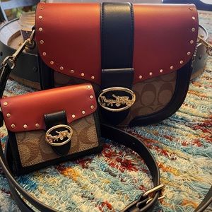 Coach Georgie Saddle Bag & Wallet! Colorblock Signature Canvas w/Rivets!